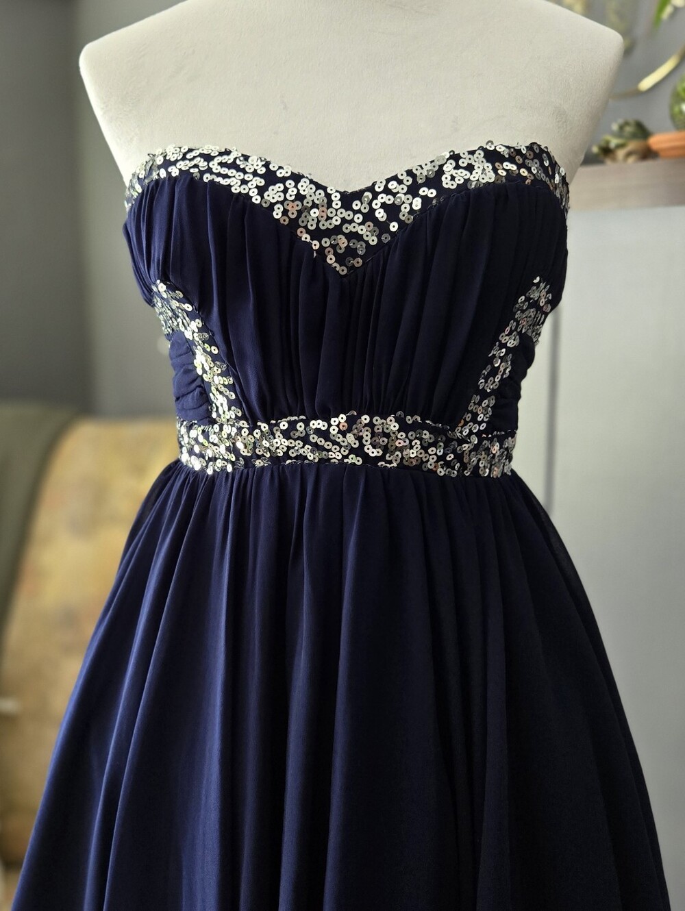 City Studio Navy Blue Strapless Fit And Flare Dress With Sequin Accents - Picture 2 of 9